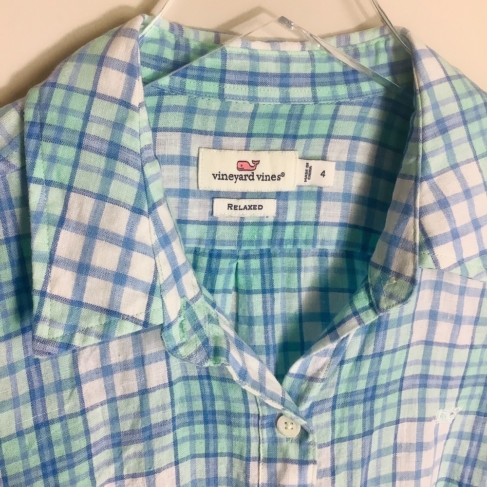 Vineyard Vines Women's Linen Relaxed Checks Button Down Shirt Size 4 - Picture 6 of 13